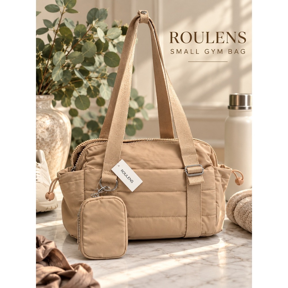 Roulens Small Gym Bag Tan Water Resistant Travel Tote with Pouch NWT